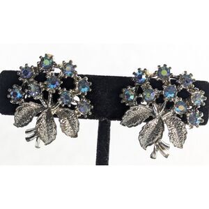 Vintage Blue AB Rhinestone Flowers on Silver Tone Leaf Setting Screw Backs